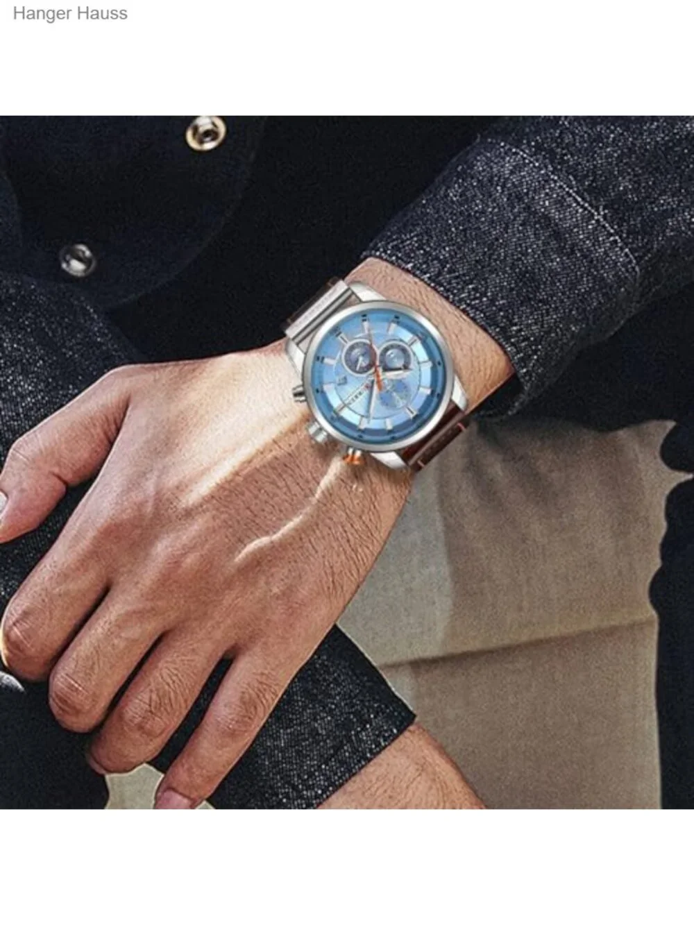 Men's Quartz Chronograph Dress Watch Leather Strap Stainless Steel Case